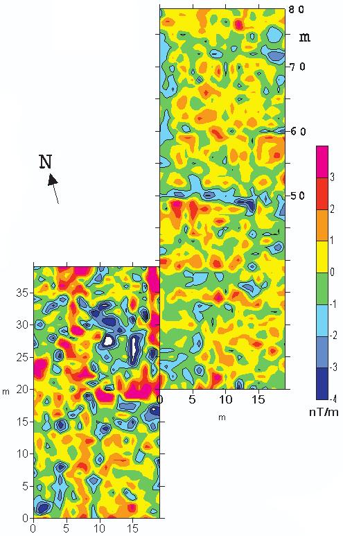 1 2 Tav. VIII a: Magnetometria differenziale fluxgate. 1) Contour map dei valori residui del gradiente della componente Z del C.M.T. (Campo Magnetico Terrestre).