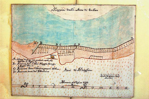 b: 1) Barriera di passonate costruita sotto il fosso di Magliano: le travi di legno sono state