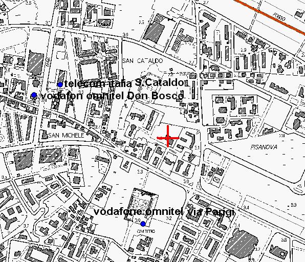 Antenne per telefonia mobile Le antenne di telefonia mobile più vicine l area, approssimativamente individuata dalla crocetta rossa, risultano: - Vodafon - Omnitel via di Parigi, a circa 350 metri di