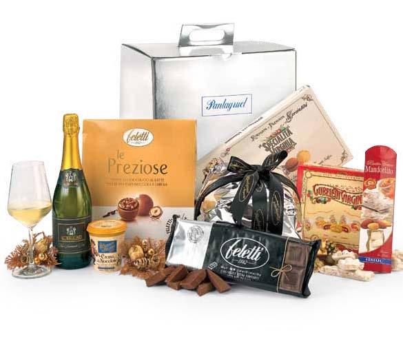 12 1 panettone artigianale Pantagruel gr. 750, 1 bott. spumante Saulino, 1 torrone mandorlato Cestaro, 1 conf.