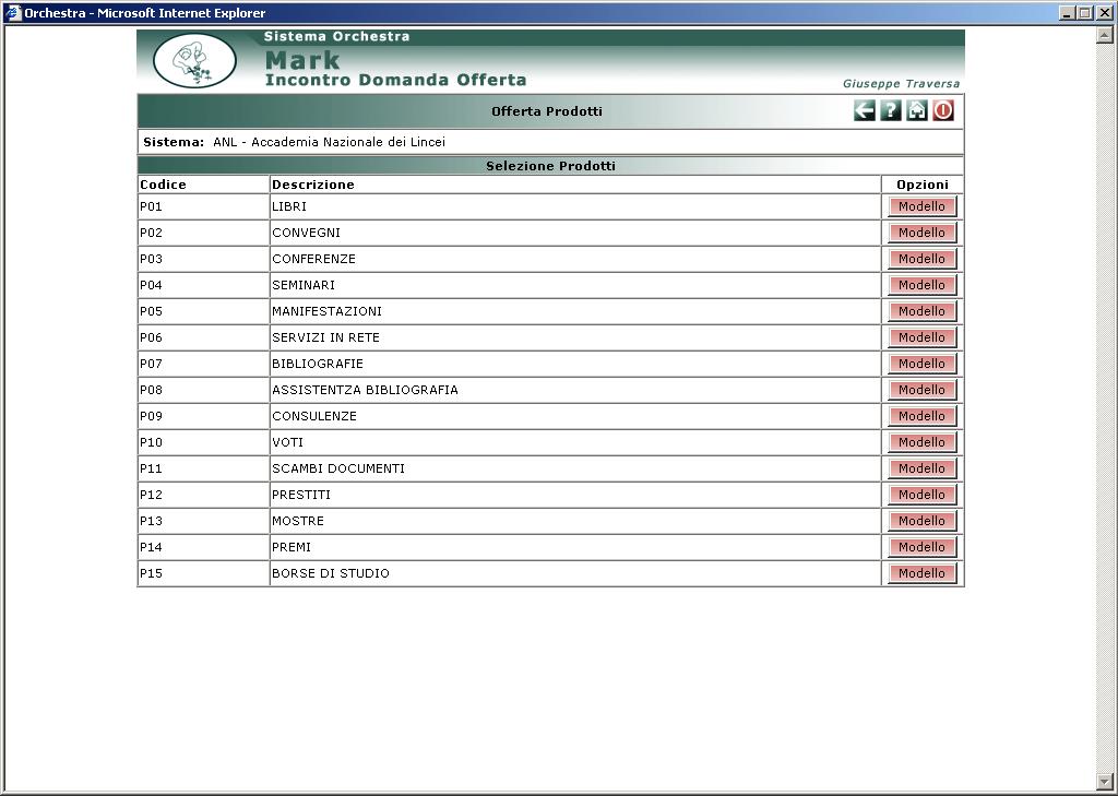 4.3 Modelli Offerta Prodotti Selezionando la voce di menu Offerta Prodotti dal menu Modelli si accede alla