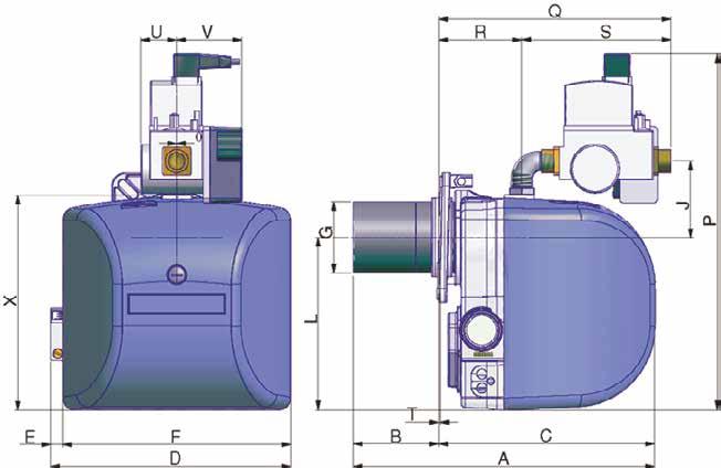 BRUCIATORI DI GAS METANO E GPL MASTERGAS Dimensioni MG0041 - LG0041 H 95 M M8 N 155 P 110 Modello Ingombro A B C D E F G J L P Q R T U V X