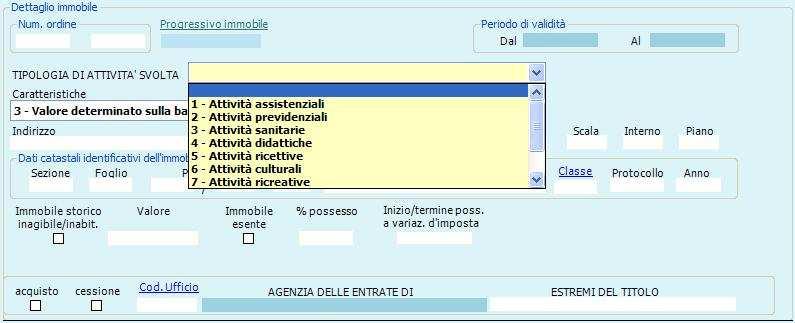 - Prima sezione orizzontale La Griglia di visualizzazione espone gli immobili selezionati nel Frontespizio, sezione Comune in Immobili da riportare sul Quadro B (parzialmente imponibili o totalmente