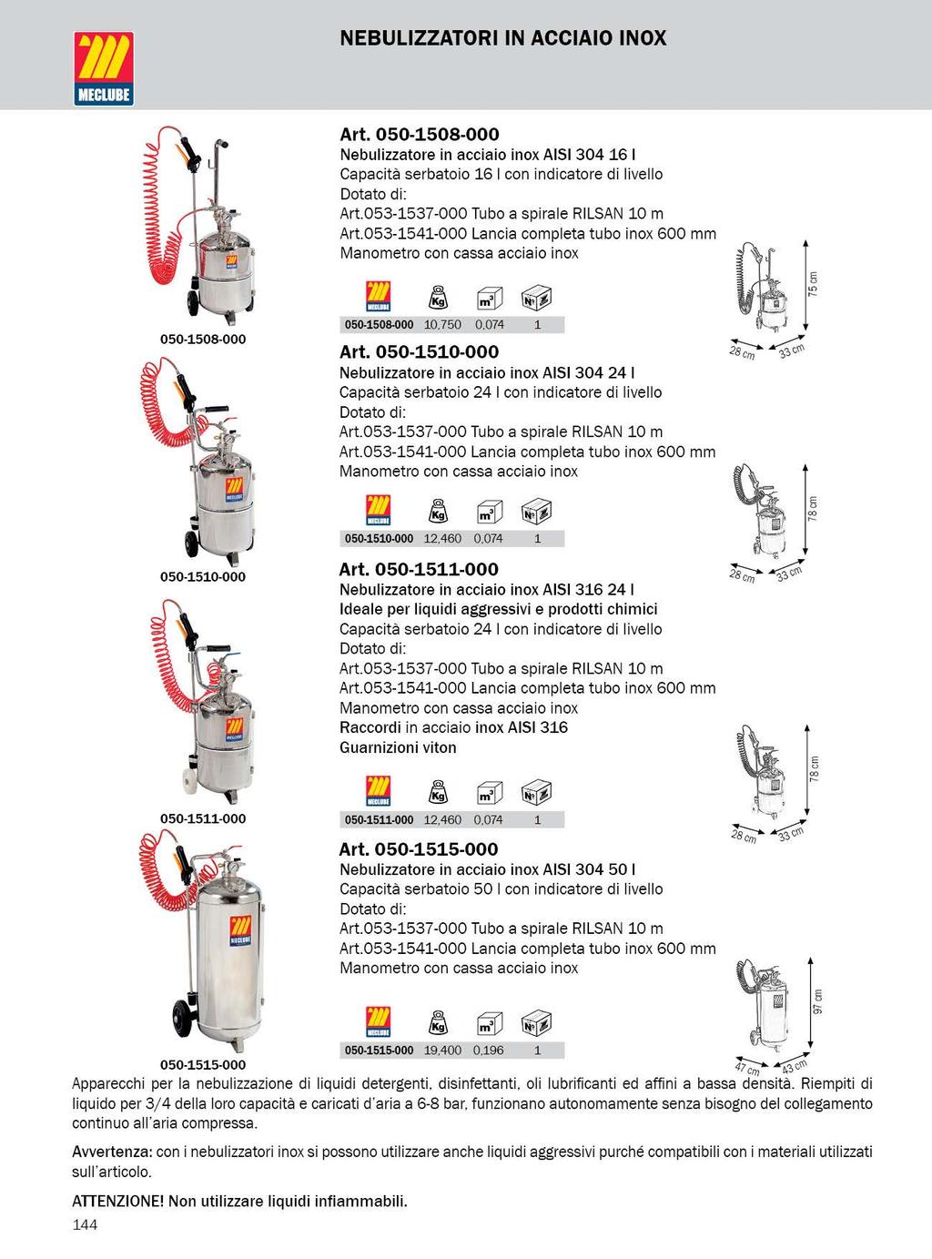 NEBULIZZATORI IN ACCIAIO INOX Art. 050-1508-000 Nebulizzatore in acciaio inox AISI 304 16 I Capacità serbatoio 16 I con indicatore di livello 050-1508-000 050-1508-000 10.750 0.074 1 Art.