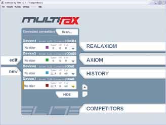 Generale Il Multirax é un programma che permette di collegare ad un singolo PC piú periferiche RealAxiom/RealPower (fino ad un massimo di 8 trainers) e permette ai ciclisti di gareggiare tra loro.