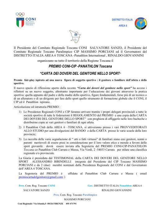 Struttura Complessiva Premio Carta del Genitore Novembre Rivolto ai Genitori di tutti gli atleti della Toscana Concorso regionale Istituti Superiori con premiazione Fine Maggio Rivolto