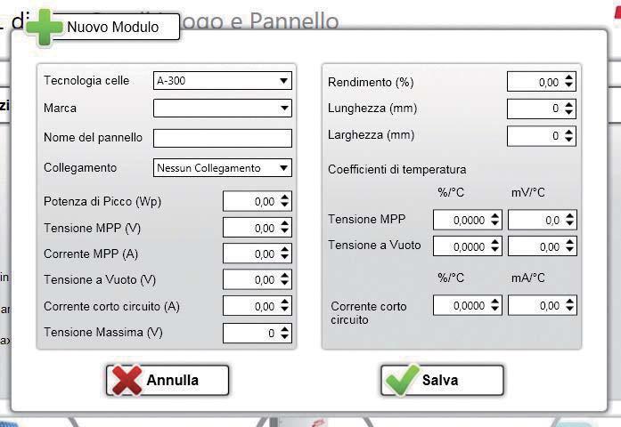 Inserire i dati relativi al modulo che si vuole inserire nel data base Solar Plan. Premere il tasto Salva.