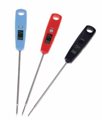 Selectable unit of temperature: C/ F Easily readable LC display with large digits ABS casing with silicon protection cap Probe made of S/S 18/8 (304).