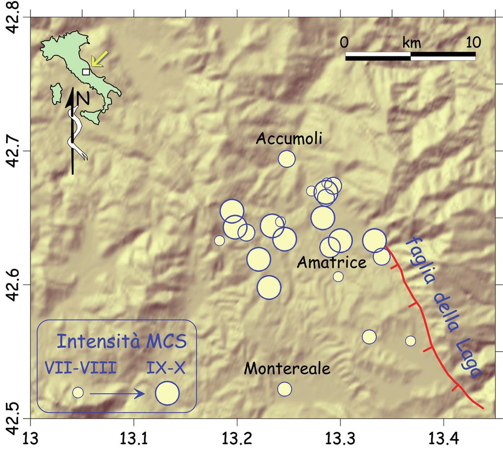 terremoto del 2016 (p.e., Casale X MCS o Amatrice stessa X-XI MCS), altre minori o uguali, come Accumoli (VIII-IX MCS).