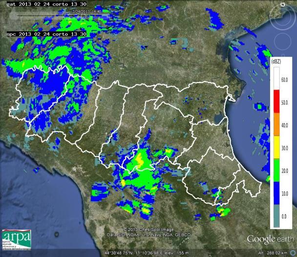 Il giorno 24/2 deboli e sparse precipitazioni a carattere misto interessano soprattutto il Bolognese e il Piacentino-Parmense in maniera intermittente fino a fine