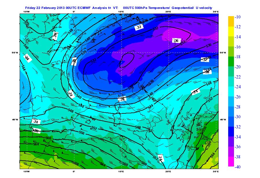 Fig. 3 Mappa di analisi (da modello IFS-ECMWF) all altezza della 500 hpa del campo di geopotenziale, temperatura e vento