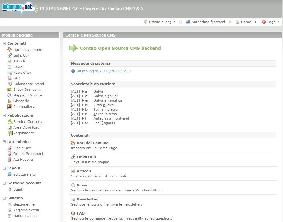 1.2. Interfaccia di lavoro Barra degli Strumenti Gestione dei Contenuti Area dei contenuti Struttura del sito (pagine) Gestione dei file e del sistema 1.2.1. Barra degli strumenti La barra degli strumenti contiene login di base / logout nonché un rapido accesso all anteprima del sito.