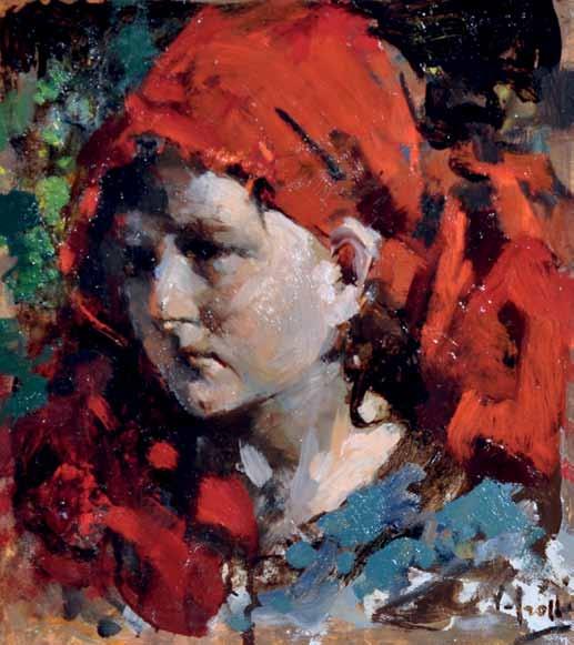 62 Irolli Vincenzo (Napoli 1860-1949) Ragazza con foulard rosso olio su tavola, cm 36x32