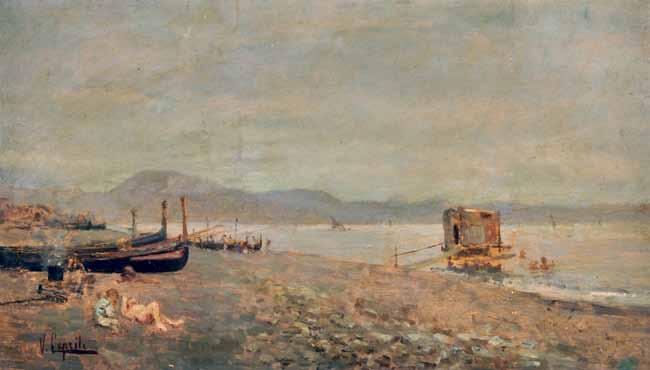 64 Caprile Vincenzo (Napoli 1856-1936) Marina olio su tavola, cm 30x50 firmato in basso a sinistra: V.