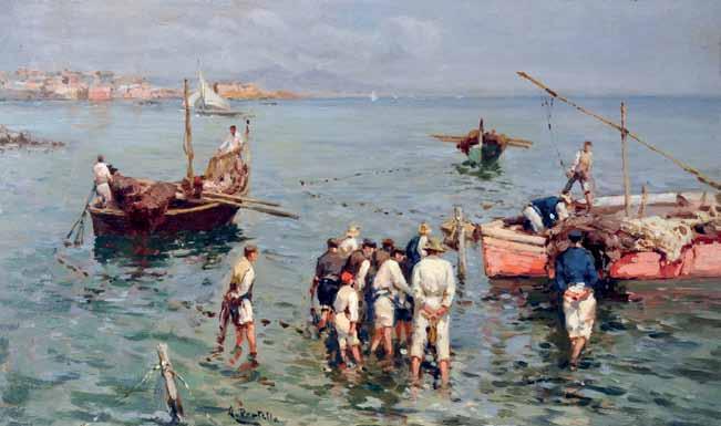 76 Pratella Attilio (Lugo di Romagna, Ra 1856 - Napoli 1949) Marina con pescatori
