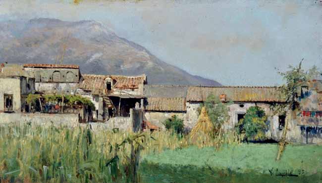 78 78 Caprile Vincenzo (Napoli 1856-1936) Case coloniche olio su tavola, cm 18,5x32 firmato e datato in basso a destra: V. Caprile 85 a tergo: timbro Galleria Giosi, Napoli; timbro Coll.