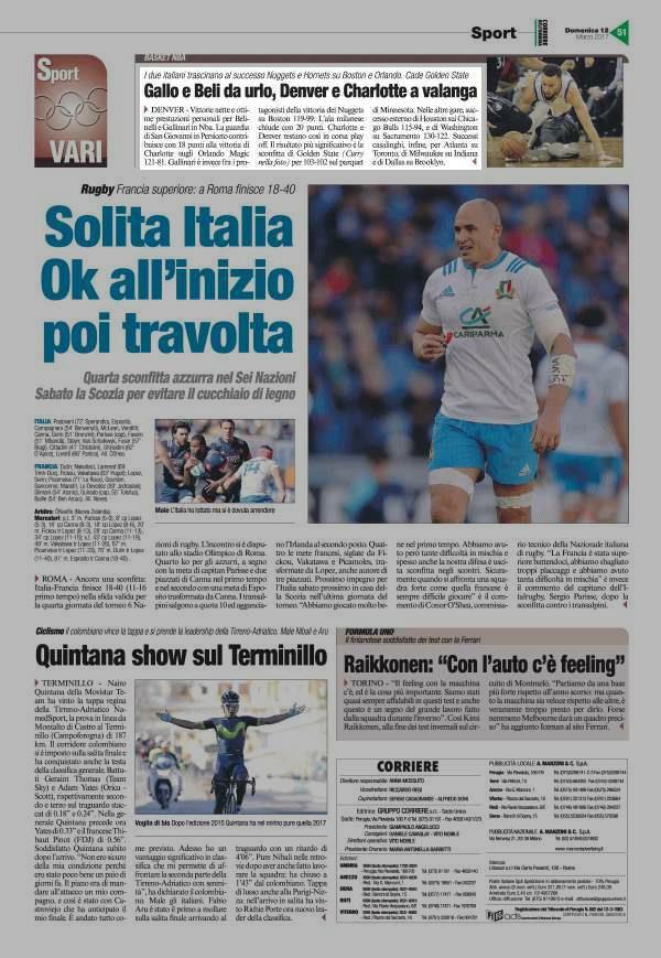 12 marzo 2017 Pagina 51 Corriere dell'umbria I due italiani trascinano al successo Nuggets e Hornets su Boston e Orlando.