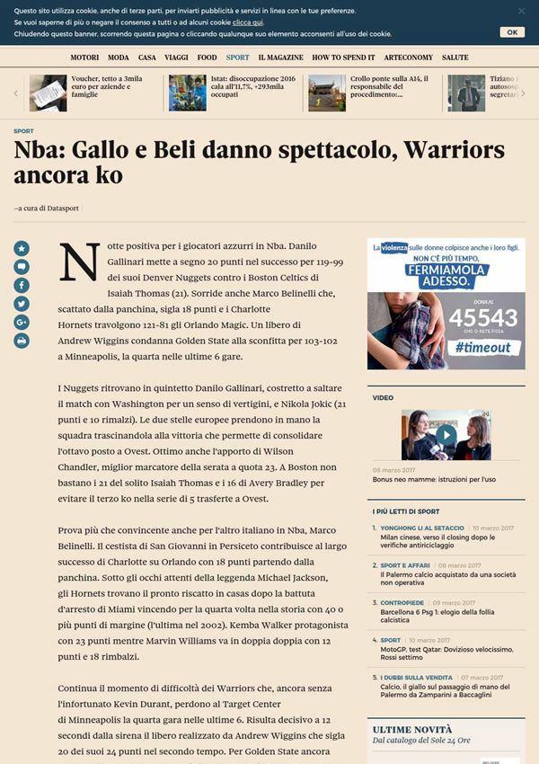 ilsole24ore.com Nba: Gallo e Beli danno spettacolo, Warriors ancora ko Notte positiva per i giocatori azzurri in Nba.