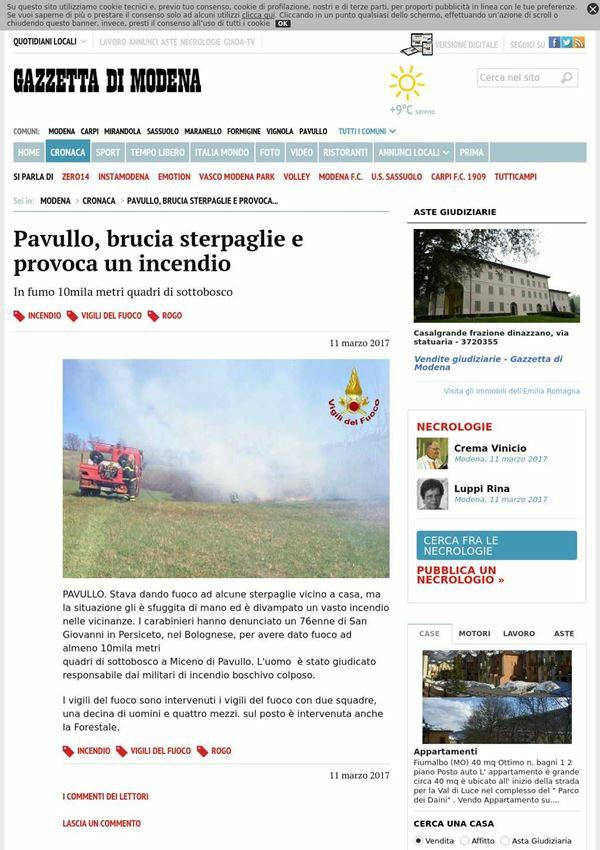 gazzettadimodena.it Cronaca Pavullo, brucia sterpaglie e provoca un incendio In fumo 10mila metri quadri di sottobosco PAVULLO.