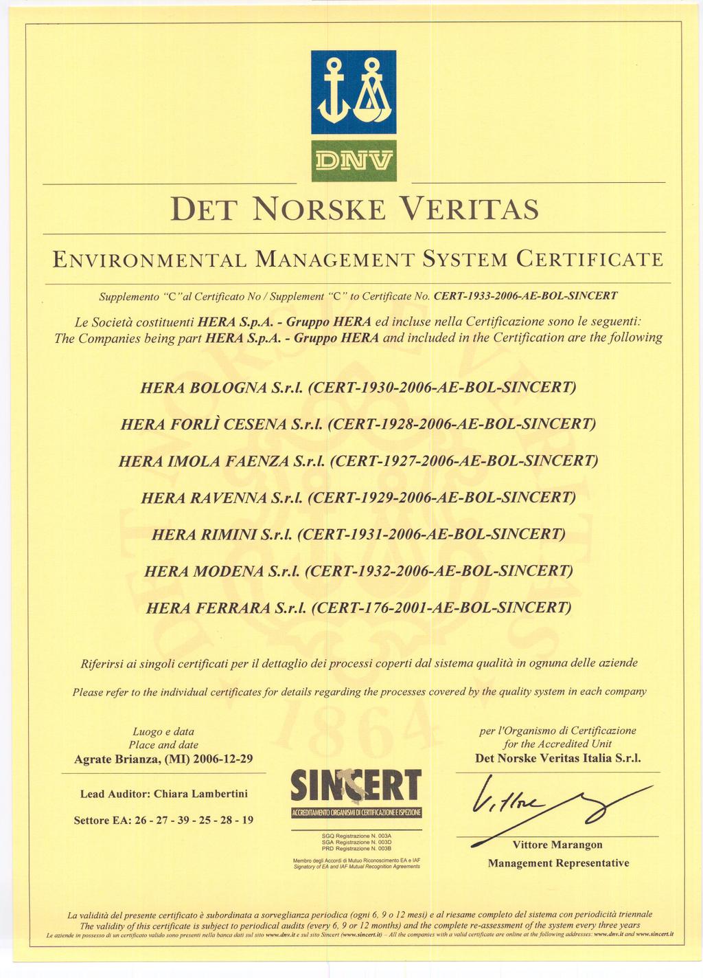 Supplemento "C"al Certificato No / Supplement "C" to Certificate No. CERT-1933-2006-AE-BOL-SINCERT Le Società costituenti HERA S.p.A. - Gruppo HERA ed incluse nella Certificazione sono le seguenti: The Companies being part HERA S.