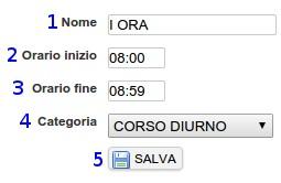 Per aggiungere una nuova fascia oraria è necessario premere sul bottone in modo da accedere alla schermata di creazione/modifica delle fasce orarie: 1.