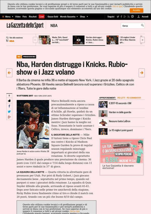 10 ottobre 2017 gazzetta.it Sport Nba, Harden distrugge i Knicks. Rubio show e i Jazz volano Il Barba da cinema ne infila 36 e mette al tappeto New York.