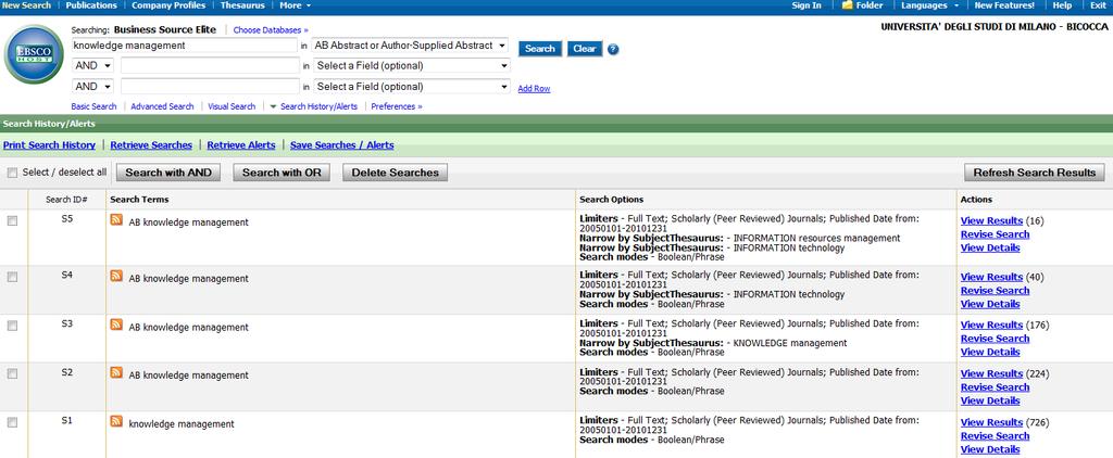 BD bibliografia Business Source Elite funzioni Cliccando su Search History/Alerts si possono vedere