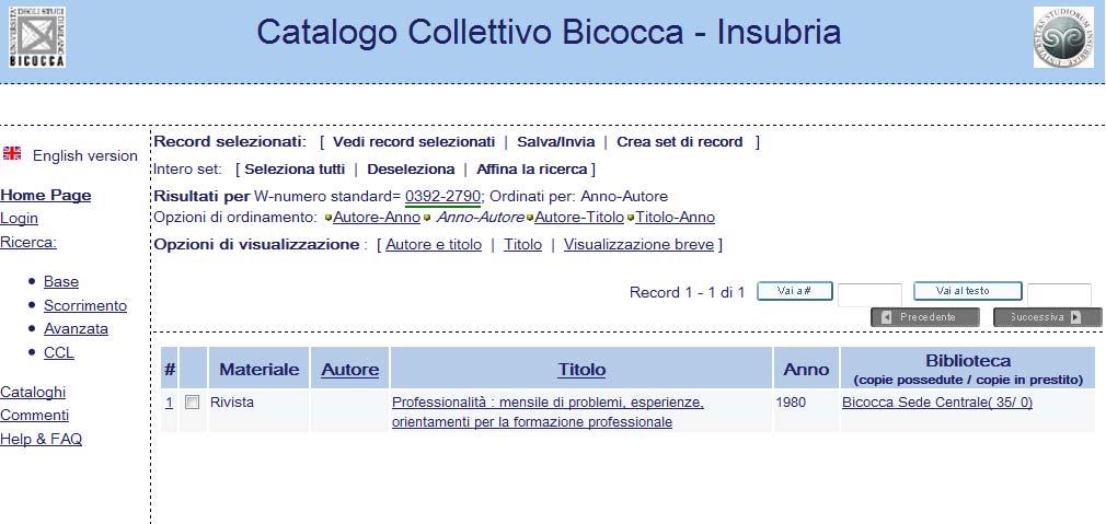 lente. Click su pulsante SFX per vedere la pagina dei servizi Bicocca-Insubria.