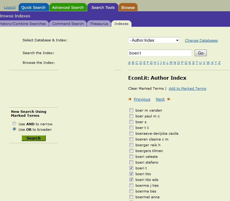 EconLit Search Tools Tra gli Strumenti di ricerca (Search Tools) Indexes consente di scorrere l elenco alfabetico dei nomi degli autori, delle