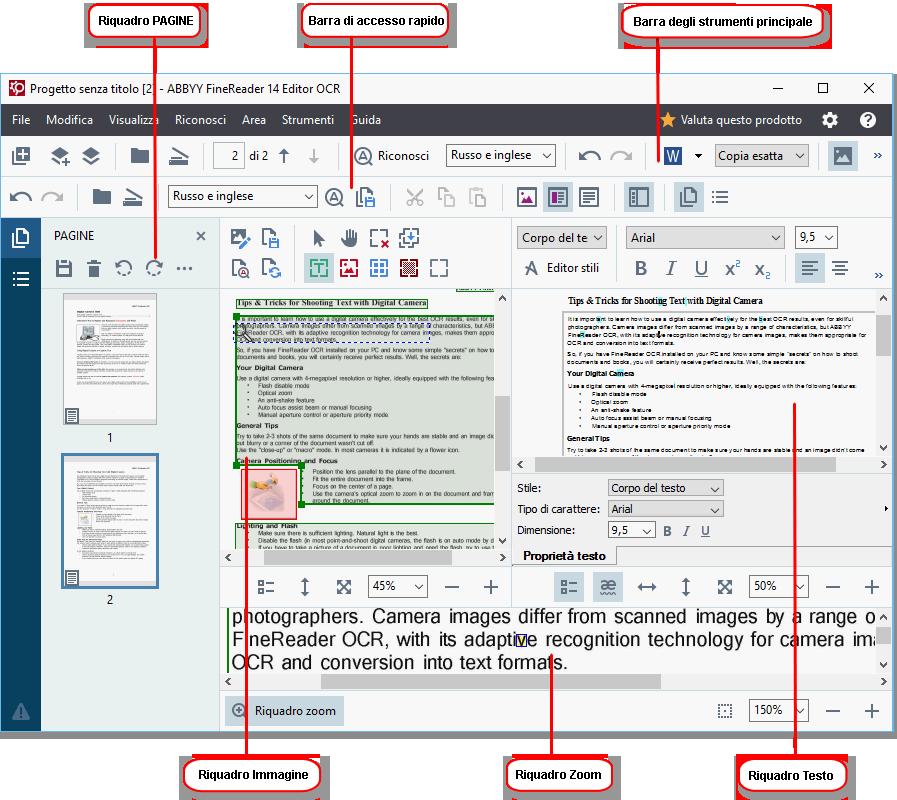 Interfaccia dell'editor OCR La finestra dell'editor OCR visualizza il progetto OCR corrente Per ulteriori informazioni sul lavoro con progetti OCR, consultare Progetti OCR 125 Il riquadro Pagine