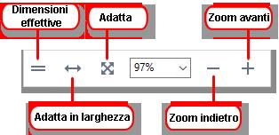 La funzione di zoom consente di ingrandire o rimpicciolire la visuale sul documento Dimensioni reali visualizza la pagina in scala 100% Adatta in larghezza modifica la scala in cui il documento viene