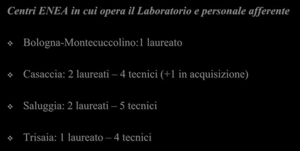 Centri ENEA in cui opera il Laboratorio e personale afferente Bologna-Montecuccolino:1 laureato