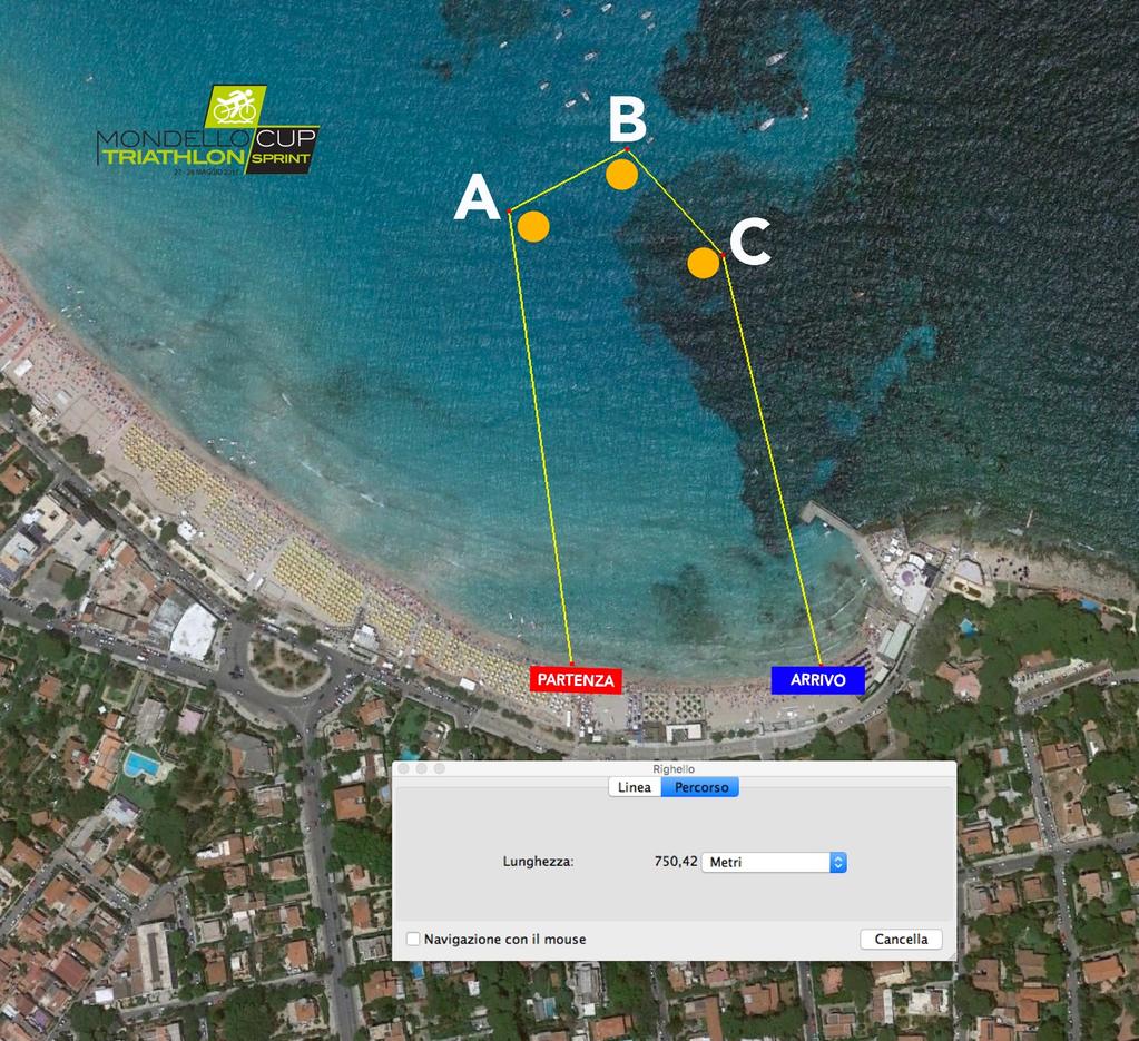 FRAZIONE DI NUOTO La partenza è localizzata per tutte le categorie dalla spiaggia davanti il circolo nautico Albaria, 1 giro da 750 mt da percorrere in senso orario.. N 3 boe da tenere tutte a destra.