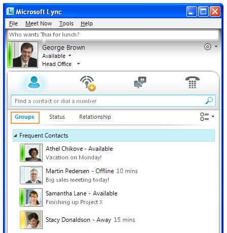 Chiamate da Lync sul computer Interfaccia uttente dell'applicazione Importante: Il cavo USB che collega il telefono al computer deve essere inserito. 1. Aprire Lync.