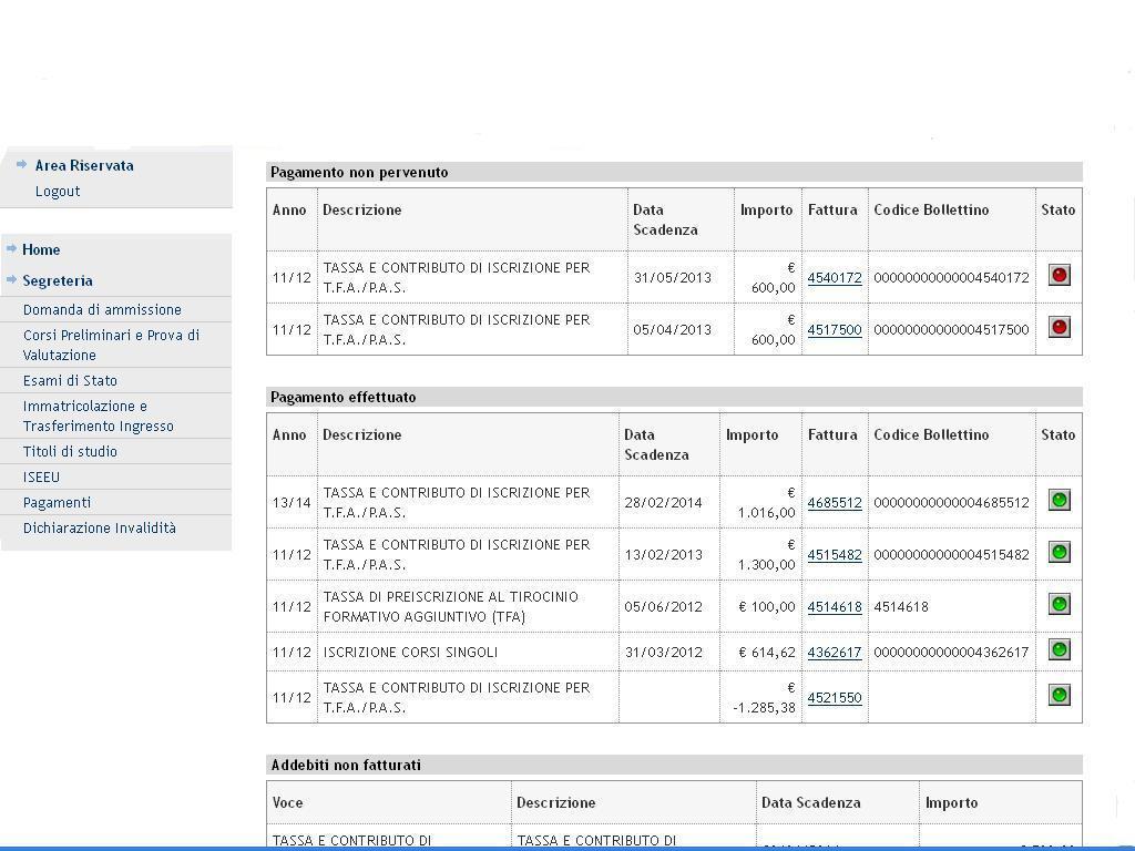 Verifica del pagamento E possibile verificare l avvenuta acquisizione del pagamento, cliccando sul menù Segreteria e quindi su Pagamenti.