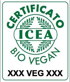 dimensioni non inferiori a quella dei caratteri riportati nel marchio ICEA. Il marchio di certificazione deve essere accompagnato dal codice XXX VEG XXXXXX VEG (=cod.