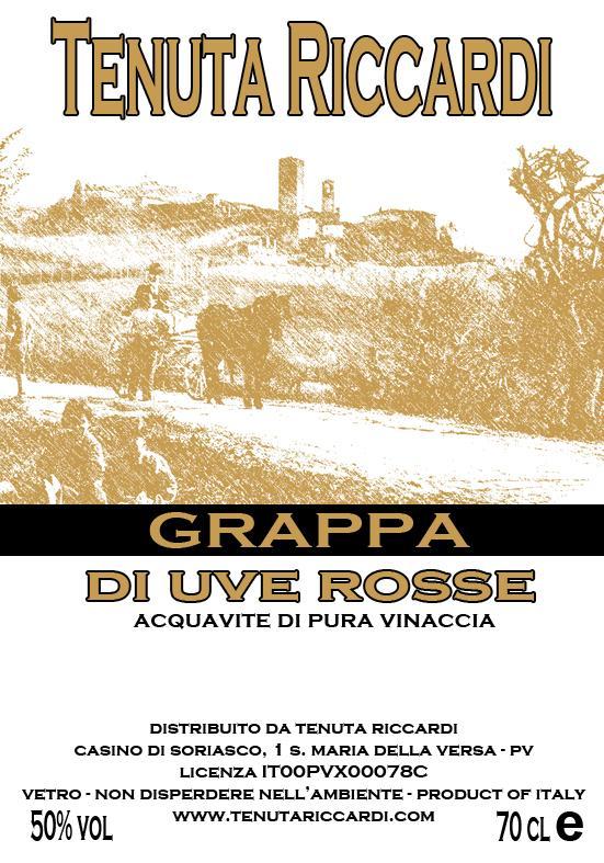 Tipologia: acquavite di pura vinaccia Uve: uve rosse della Valversa Gradazione: 50% Lavorazione: In alambicco discontinuo a bagnomaria, grado alcolico di estrazione: 70-72% in volume.