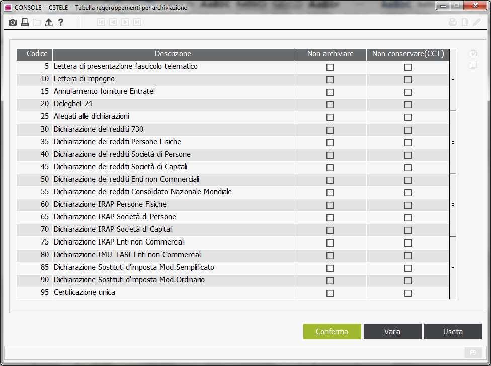 Gestione Tabelle Tabella raggruppamenti archiviazione Da questa versione è stata introdotta una nuova tabella utile per individuare i documenti che si desidera escludere dalla procedura di