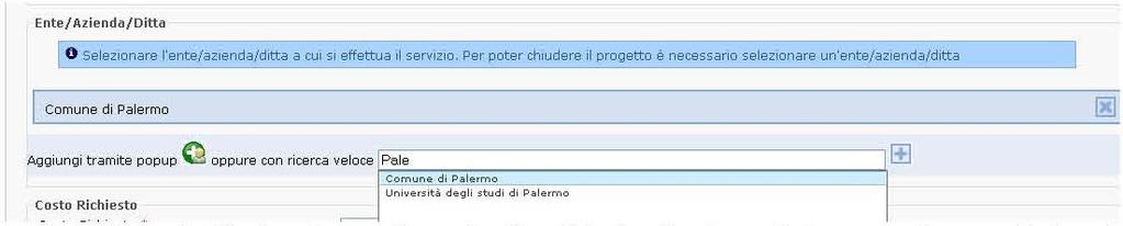 4.5.2 Modifica della sezione Enti/Aziende/Ditte La sezione enti/aziende/ditte crea un collegamento tra il progetto/contratto e l anagrafica delle aziende situata in GA.