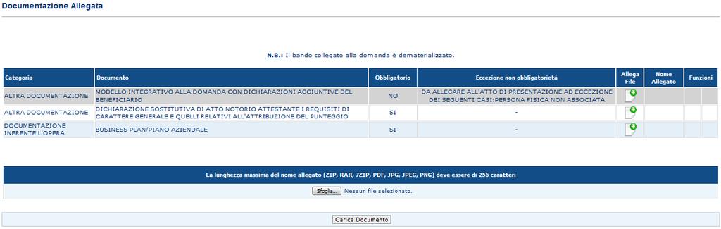 La pagina di caricamento degli allegati si presenta come mostrato sotto Tutti gli allegati alla domanda previsti dal Bando devono avere formato PDF e caricati, anche raggruppati in archivi ZIP, RAR o