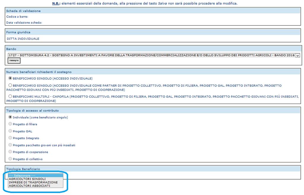 Beneficiario Singolo La pagina deve essere compilata come mostrato di seguito.