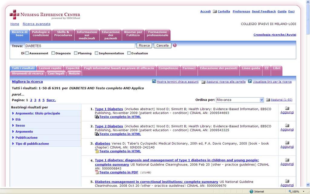 NRC mostra una lista completa di tutti i documenti che includono il termine di ricerca