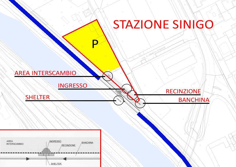 Come evidenziato dalle immagini precedenti, nella zona individuata è già presente una fermata della linea di autobus 2/2A che collega Merano con Sinigo, fino alla zona industriale di Lana; da notare