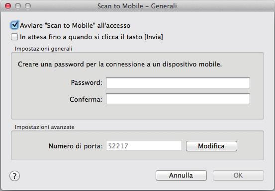 Nella finestra [Scan to Mobile - Generali], immettere una password per connettersi al dispositivo mobile.