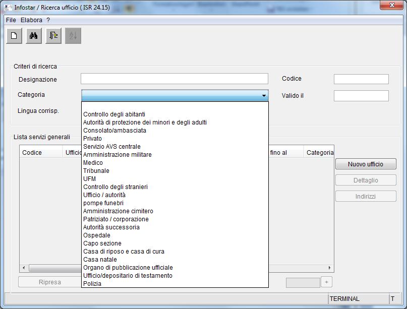 La maschera 24.15 «Ricerca ufficio» permette di ricercare i servizi esistenti.