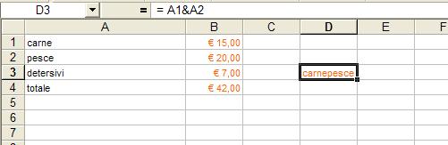 Operazioni su stringhe di testo operatore di concatenazione testuale & Es: D3 =A1 & A2 Concatena