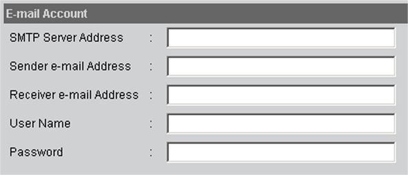 6 4 5 E-mail (modificare le impostazioni di e-mail Impostazioni per l'invio delle immagini via e-mail.) Account e-mail:. Enter the SMTP server address. (Server per l'uscita delle e-mail, es.: SMTP.