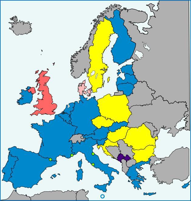 L eurozona: In AZZURRO la Zona Euro con 19 Stati; in GIALLO e ROSA SCURO gli altri Paesi UE che non hanno adottato l'euro; in VIOLA i Paesi che hanno deciso un'adozione unilaterale