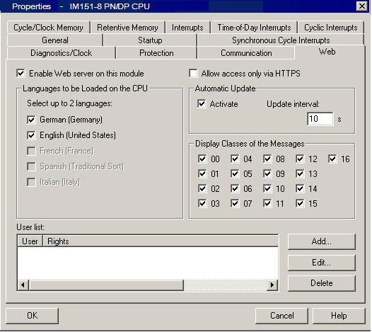 Comunicazione 3.7 Web server 3.7.2 Impostazioni in Configurazione HW, scheda "Web" Presupposti In Configurazione HW è aperta la finestra delle proprietà del modulo di interfaccia IM151-8 PN/DP CPU.