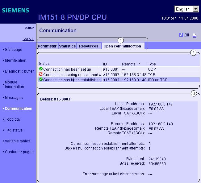 Comunicazione 3.7 Web server 2 Numero di collegamenti Fornisce informazioni sul numero di collegamenti massimo e di collegamenti non occupati.